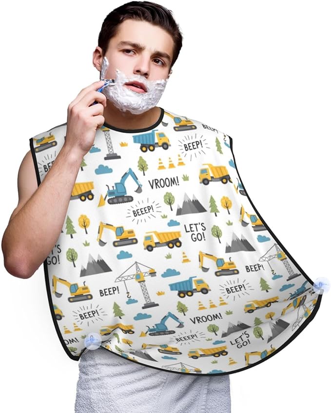 Non-Stick Beard Bib for Shaving, Cute Cars Truck Tractor Excavator Shave Bib, Waterproof Hair Catcher with Suction Cups, Grooming Apron Men Husband