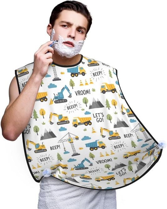 Non-Stick Beard Bib for Shaving, Cute Cars Truck Tractor Excavator Shave Bib, Waterproof Hair Catcher with Suction Cups, Grooming Apron Men Husband