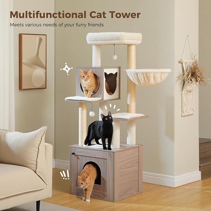 PEQULTI 57.5" Cat Tree with Litter Box Enclosure Large, Wood Cat Tower for Indoor Cats with Storage Cabinet and Cozy Cat Condo, Sisal Covered Scratching Post and Replaceable Dangling Balls, Grey