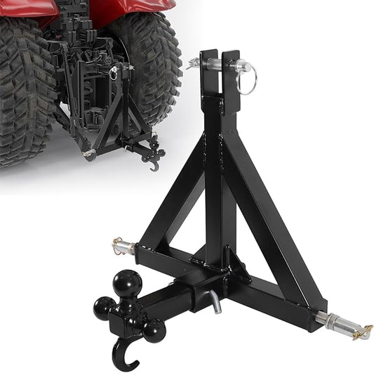 3 Point Trailer Hitch with 2" Receiver and Towing Hook - Heavy Duty Drawbar Adapter for 3 Pt Farm Equipment and Subcompact Trailers, Compatible with Kubota, Yanmar, Kioti, and Cat Tractors