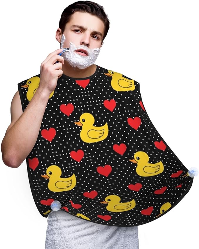 No-Slip Shaving Bib, Beard Grooming Apron with Strong Suction Cups, Black Red Love Hearts Polka Dots Yellow Rubber Ducks