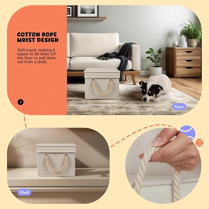 Collapsible Dog Toy Basket with Lid - Storage Bins for Toys, Organizer with Cotton Rope Handles - Beige & Gray