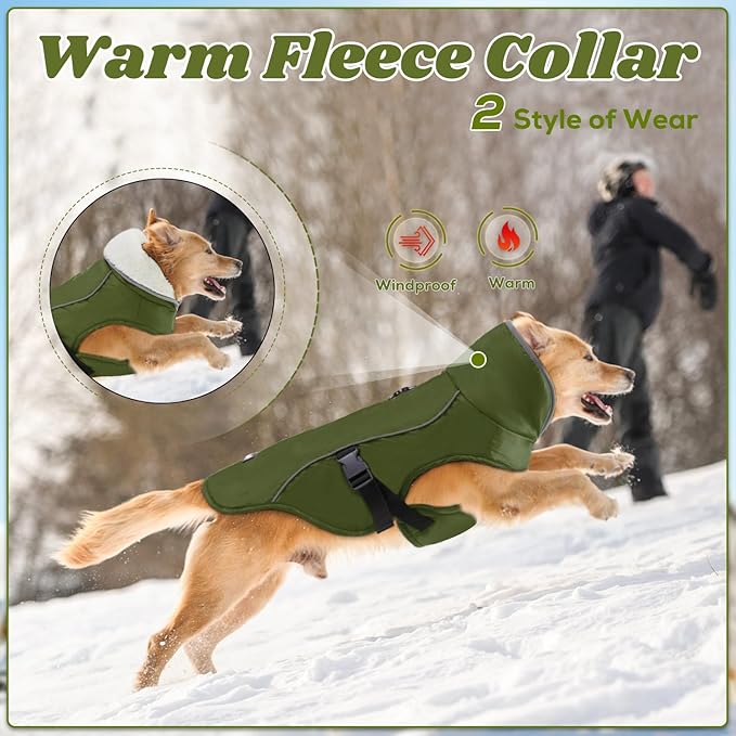 EMUST Winter Dog Jacket, Windproof Dog Apparel for Cold Weather, Reflective Coats for Dogs, Warm Puppy Jacket for Cold Winter, Green, S