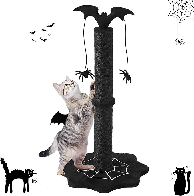 Gothic Cat Scratching Post, Sisal Cat Scratcher with Interactive Hanging Spider Toys, Monster Scratch Pole for Indoor Cats, Halloween Cat Scratch Post for Large Cats, Black