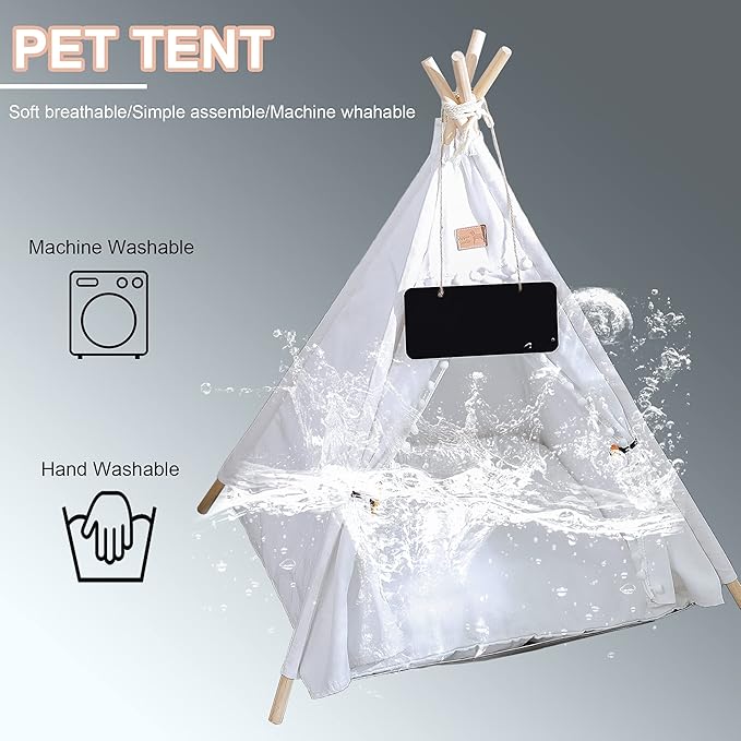 Pet Teepee, Portable Pet Tents for Small Dogs or Cats, Puppy Sweet Bed Washable Dog or Cat Houses with Cushion(White,24in)