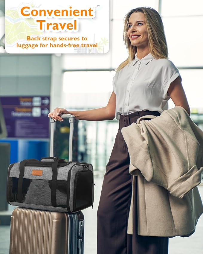 PETUX TSA Approved Pet Carrier in Cabin - 17"x11"x9.5", Underseat, Soft Sided Cat Carriers with Safety Zippers and Anti-Scratch Mesh for Small Cat up to 12 lb, Ideal for Travel and Vet Visit, Grey