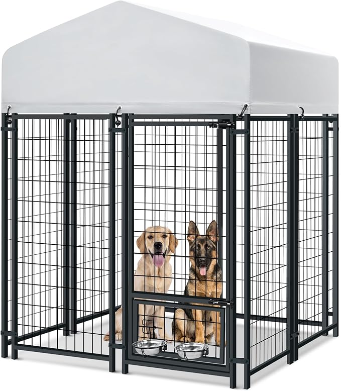Oranland 4x4x6FT Outdoor Dog Kennel, Heavy Duty Welded Wire Steel Dog kennels with Secure Lock for Outside, Dog Pen with Waterproof Roof Cover and 2 Rotating Dog Bowls