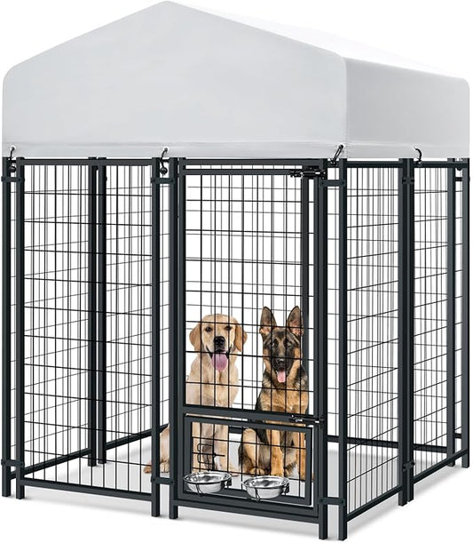 Oranland 4x4x6FT Outdoor Dog Kennel, Heavy Duty Welded Wire Steel Dog kennels with Secure Lock for Outside, Dog Pen with Waterproof Roof Cover and 2 Rotating Dog Bowls
