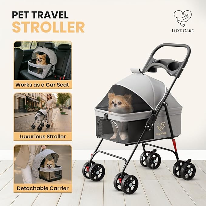 4 Wheel Foldable Pet Stroller - Lightweight Dogs and Cats Stroller Upto 44lbs with Mesh Canopy, Storage Basket and Cup Holder, Durable for Walks and Outings (Small)