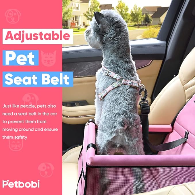Petbobi Pet Reinforce Car Booster Seat for Dog Cat Portable and Breathable Bag with Seat Belt Dog Carrier Safety Stable for Travel Look Out,with Clip on Leash with PVC Tube, Pink