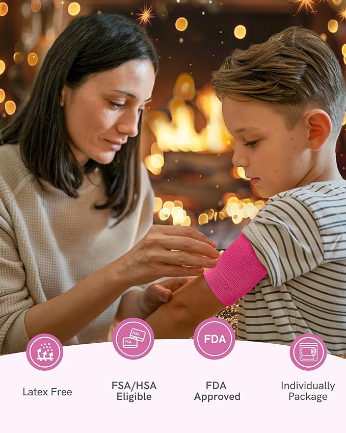 FriCARE Self Adhesive Bandage Wrap, Medical Tape in First Aid Kit, Cohesive Bandages for Wounds Sport Vet, 2 Inches X 5 Yards 6 Rolls, Pink