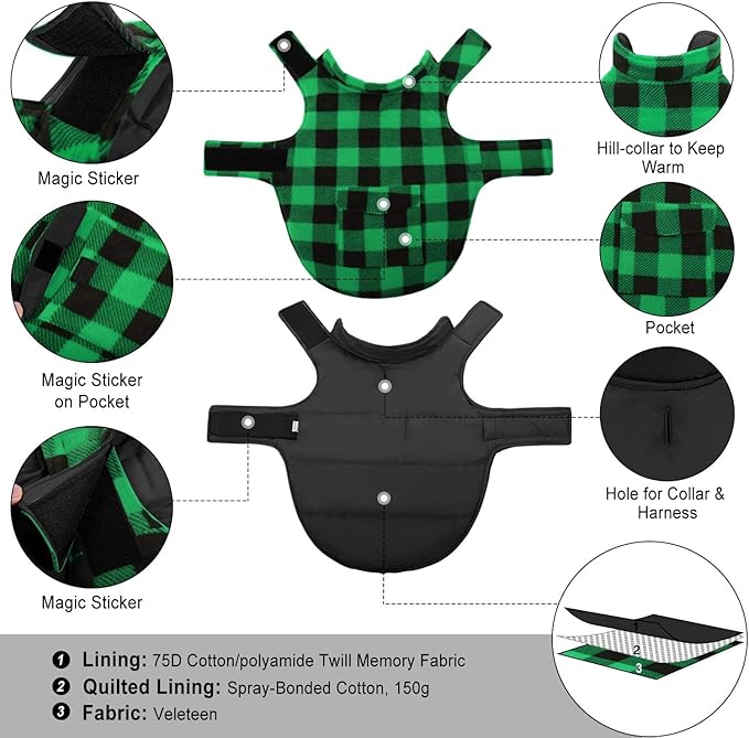ASENKU Dog Winter Coat, Fleece Doggie Jacket Plaid Reversible Vest Waterproof Windproof Cold Weather Clothes for Small Medium Large Dogs (S, Green)