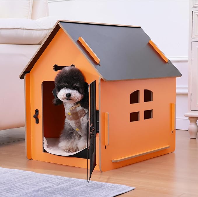 Dog House Indoor for Small Dogs or Cats, Cozy Wooden Design, Small Indoor Bed House, with Air Vents and Elevated Floor Warm Dog Cave (Orange)