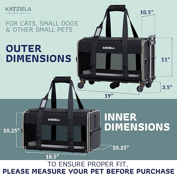 Pet Carrier Airline Approved - Dog Carrier with Wheels - TSA Airline Approved Dog Carrier - Rolling Pet Carrier with Wheels for Small to Medium Size Cat or Dog - Airplane Cabin Animal