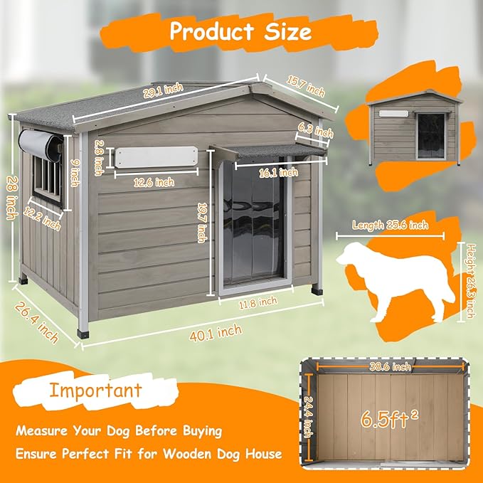 Large Outdoor Dog House Waterproof for Small to Large Sized Dogs with Openable Asphalt Roof, Anti-Chewing Iron Frame, Window, Weatherproof Indoor Outside Kennel Puppy Shelter (40" L*26.4" W*33.5" H)