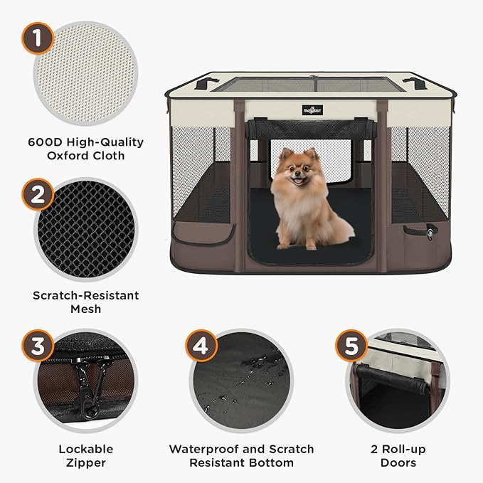 Foldable Pet Kitten Playpen, Upgrade Waterproof Portable Cat Dog Playpen Kennel Tent for Small Dog Cat, Retractable Shade Cover, Come with Free Carrying Case, Indoor Outdoor Use for Small Pet, Brown