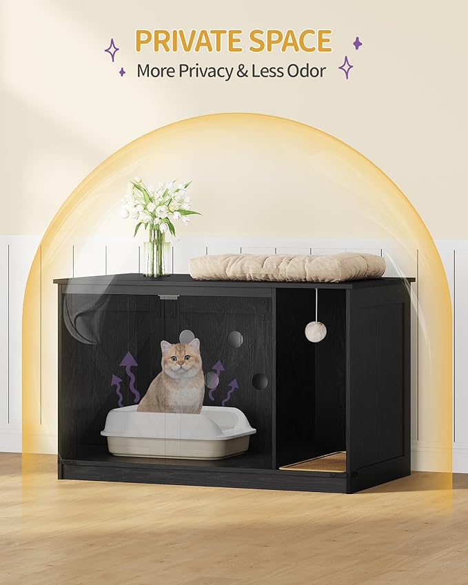 Cat Litter Box Enclosure, Hidden Litter Box Cabinet Furniture with Bell, Indoor Cats House, Farmhouse Style, 39.4 x 21.7X 24.8 Inches for Hallway, Bedroom, Black CB85204X