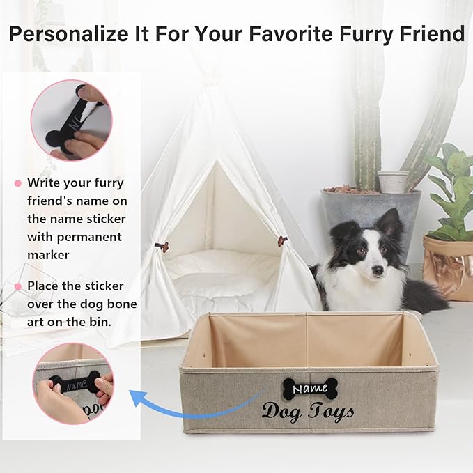 Collapsible Dog Toy Box - Fabric Storage for Toys/Blankets/Leashes - Khaki Stripe