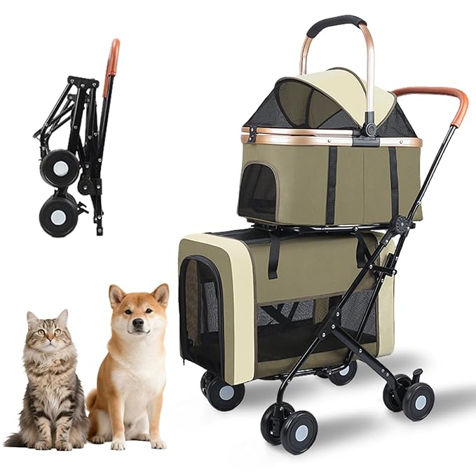 Foldable Double Pets Stroller for Dog Portable Cat Strollers for Small Medium Pet with Detachable Carriers Flexible Lockable Wheels Lightweight Dogs Jogger Strolling Cart Up to 77Lbs (Green)
