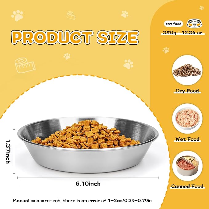 4-Pack Stainless Steel Cat Bowls for Food and Water, Shallow Whisker Friendly Non-Slip Silicone Bottom Dishes, Easy to Clean Indoor Feeding Kitten Metal Plate (5.9")