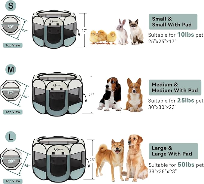 Large Dog Cat Playpen, Puppy Pet Playpen Indoor for Small Dog Crate Tent Cage Outdoor, Portable Pop Up Dogs Enclosure Kennel with Carrying Case for Dogs/Cats/Rabbits, Grey