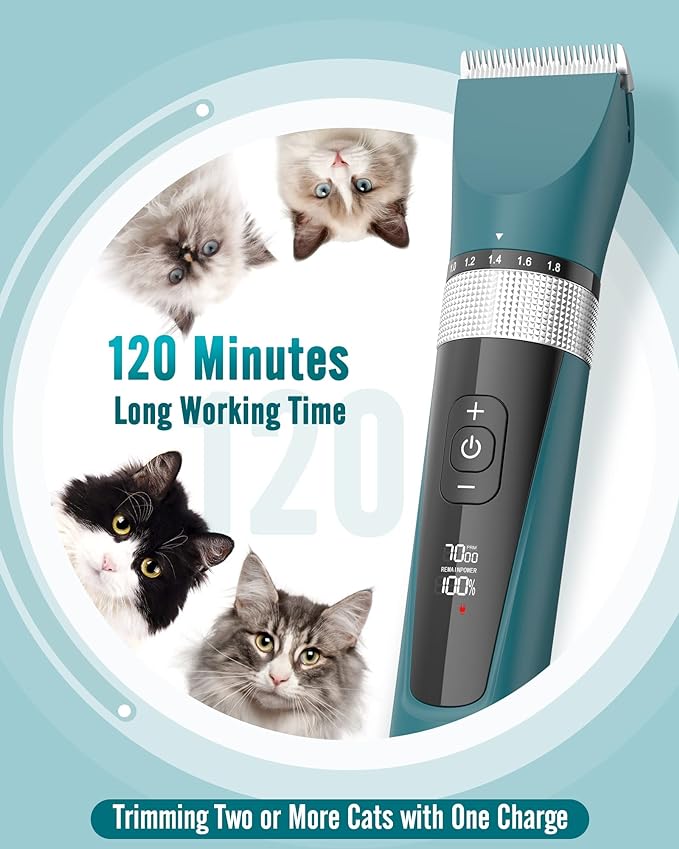 oneisall Cat Clippers for Matted Hair, 5-Speed Quiet Cat Grooming kit, Cordless Pet Shaver for Long Hair,Waterproof Pet Hair Trimmer, Pet Clippers for Cats(Green)