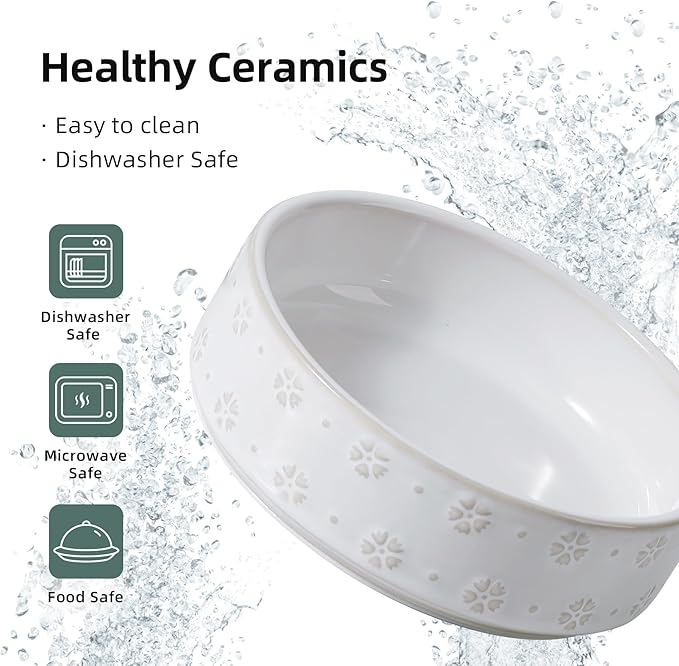 6.1inch Raised Double Cat Bowls Set with Acacia Wood Stand, Wide Whisker Friendly Ceramic Food & Water Bowls for Cats, Puppy, Kitty, Pet Bowl(Double Bowls+Stand, Arctic White)