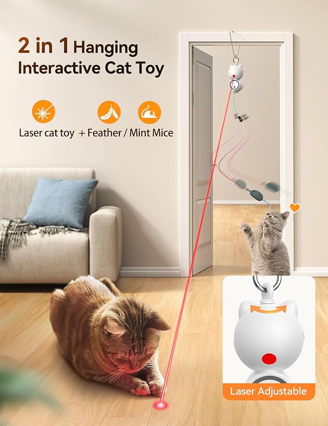 FEELNEEDY Laser Cat Toys for Indoor Cats, Interactive Cat Toy LED Light Hanging, Cats Wand Toy Feather, Feather & Mouse for Bored Adult Kitten Exercise, White