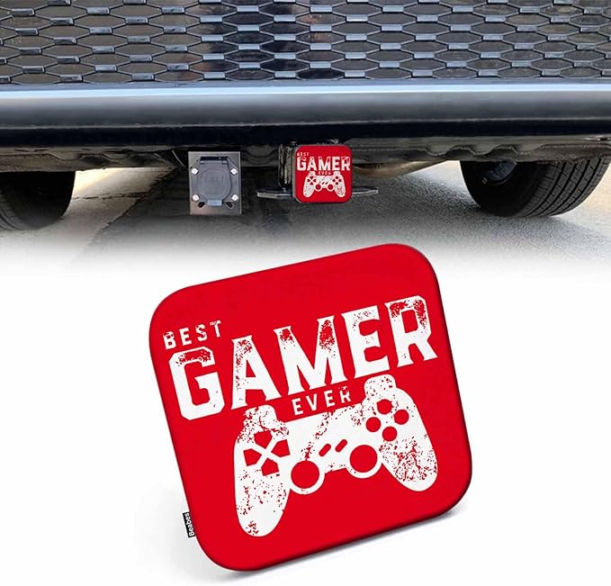 Trailer Hitch Covers Game Pad, Best Gamer Ever Quote Video Games Geek Anti-Loss Hitch Cover Fits 2" Hitch Receivers for Trucks, Tough Receiver Tube Hitch Cover Plug for Cars, Red