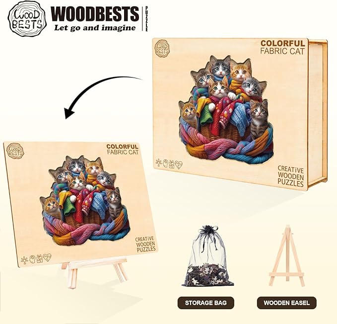 KAAYEE Wooden Puzzles for Adults, Colorful Fabric Cat 185 Piece Unique Animal Shape Puzzle, Cat Wood Puzzle for Adults, Creative Gifts for Friends/Family(11.4 * 10.9in)