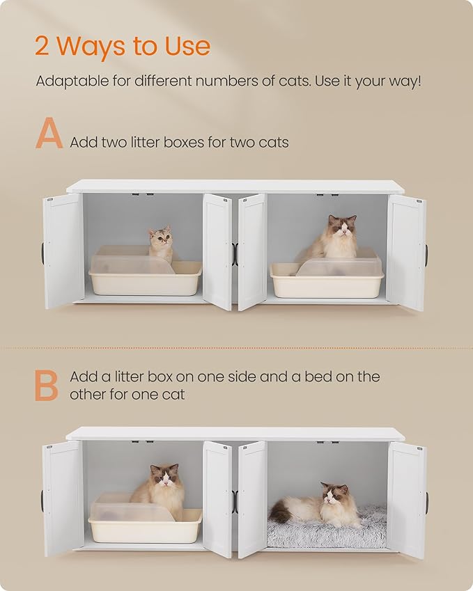 Feandrea Double Cat Litter Box Enclosure, Modern Litter Box Furniture Hidden for 2 Cats, Front Entry, Cat House, Side End Table, TV Stand, 59 x 19 x 19.5 Inches, Cloud White UPCL010W01
