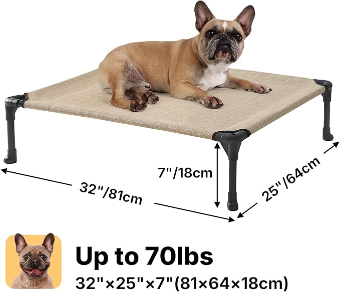 Veehoo Outdoor Elevated Dog Bed for Medium Dogs, Cooling Raised Dog Cots Beds Training Platform Off Ground Hammock with Breathable Mesh, No-Slip Feet, 32"x25", Beige Coffee
