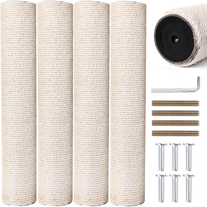 OSPNIEEK 4 Pack 15.7" M8 Cat Scratching Post Replacement, Natural Sisal Rope Kitten Tree Scratcher Refill with Screws, DIY Hemp Scratch Pole Parts for Indoor Cats Tower Refurbishment Accessories