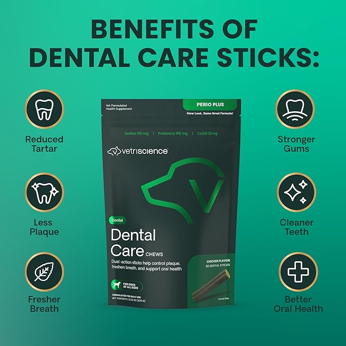 VetriScience Healthy Mouth Dental Chews, Perio Plus Sticks for Dogs, with Probiotics, Spirulina & Zeolites, Breath Freshening, Plaque & Tartar Control, Chicken, 30 Count