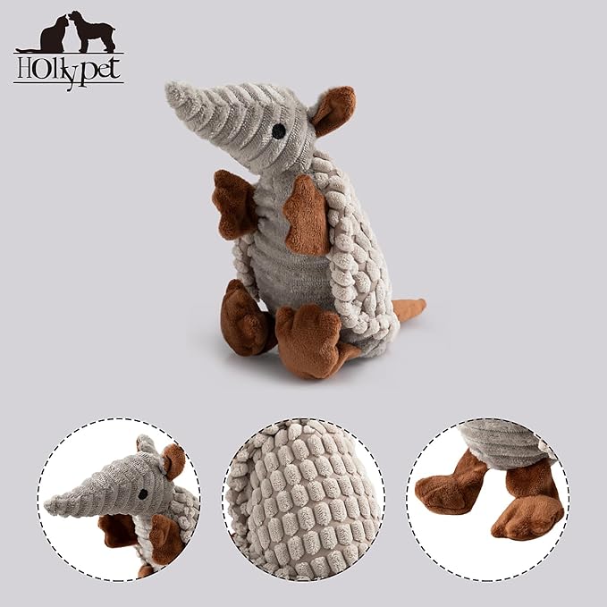 Hollypet Plush Dog Squeaky Toy Stuffed Armadillo Animal Pet Puppy Chew Toys with Clean Teeth for Small Medium Large All Breed Sizes Dogs, Light Gray, 8 in