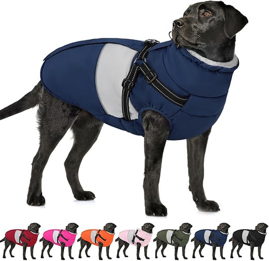AOFITEE Dog Coat, Large Dog Jacket, Dogs Coat with Harness Built in, Reflective Waterproof Dogs Jackets Winter with Furry Collar, Warm Polar Fleece Pet Sweater Snowsuit for Doberman, Great Dane, XXL