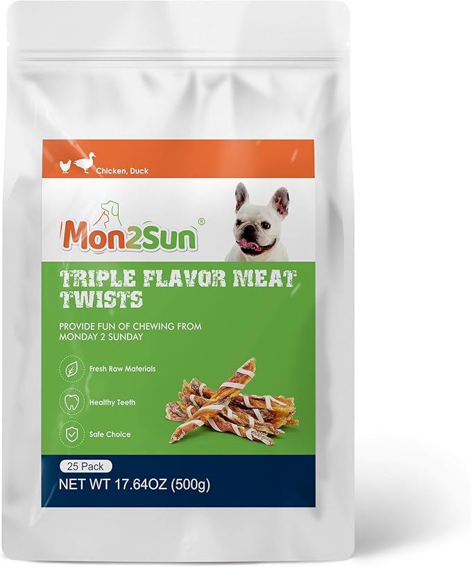 MON2SUN Dog Treats, Triple Flavor Jerky Twist Sticks, 5-7 Inch Chicken Duck and Codfish Sticks Chews for Small Dogs, Healthy Snacks, 17.64 oz (25 Count-Pack of 1)