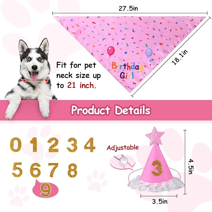 Dog Birthday Decorations, Dog Birthday Hat with Numbers for Large Medium Small,Pet Supplies (Pink)
