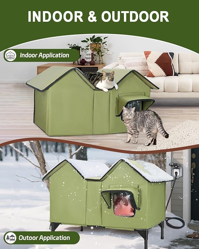 Extra Large Heated Cat House for Outside in Winter, Elevated Heated Outdoor Cat House Weatherproof with Heating pad, Insulated Outdoor Cat Shelter for Multiple Cats Small Dogs(Green)