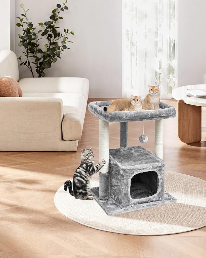 SYANDLVY Cat Tree for Indoor Cats Large Adult, Modern Activity Tower with Scratching Posts, Condo with Plush Perch, Climbing Stand with Spring Ball for Play, Grey