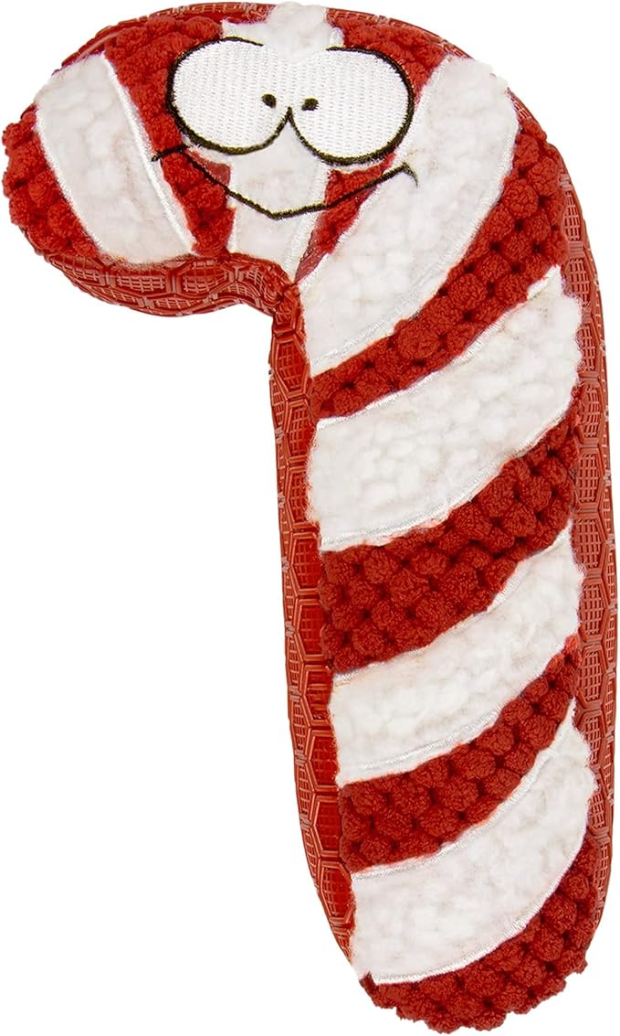 goDog Holiday Collection Mixed Materials TPE-Plush Candy Cane Squeaky Dog Toy, Chew Guard Technology - Red/White, One Size