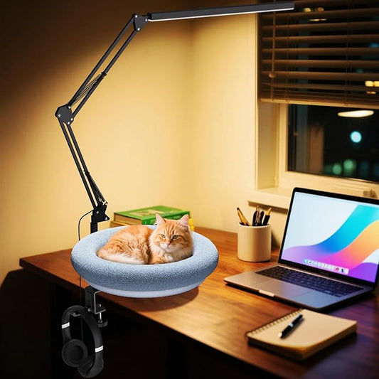 Cat Desk Bed with Desk Lamp - Cat Bed with 360 Rotation & Adjustable Height - Soft & Comfortable Hammock