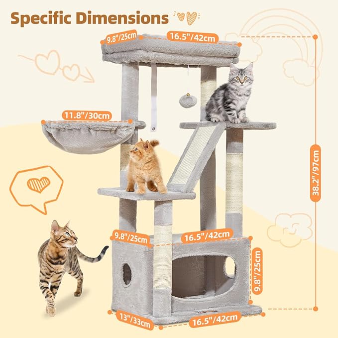 Taoqimiao Cat Tree,38.2-Inch Cat Tower for Indoor Cats,Suitable for Kittens with Luxurious cat condo with Adjustable Baskets and Luxurious Perch Light Gray MS029SW