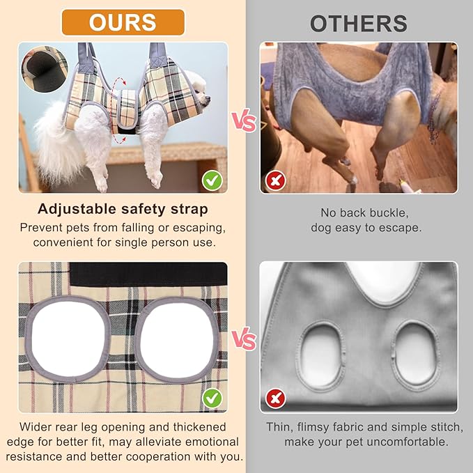 BEAUTYZOO Dog Grooming Hammock for Small Dogs Cat- Dog Sling for Nail Trimming/Clipping- Dog Hanging Harness Holder with Thick Fabric Neck Support & Strap Restraint Claw Care, Beige S