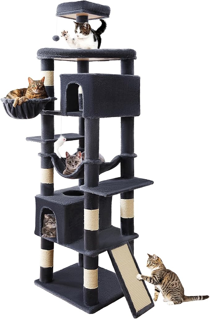 AMHANCIBLE Heavy Duty Cat Tree for Indoor Cats Large Adult 20 lbs+, 83 Inch Multi-Level Tall Cat Tower with Scratching Post and Board, Hammock, Condos, Hanging Basket, Dark Grey, PT21DG