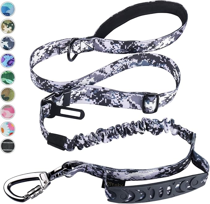 Hotsky Tactical Dog Leash Heavy Duty,4-6Ft Strong Bungee Shock Absorbing Lead with Padded Double Handle,Car Seatbelt,Metal Carabiner Clip,No Pull Leash for Small Dogs,ACU