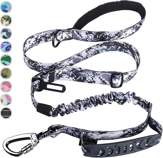 Hotsky Tactical Dog Leash Heavy Duty,4-6Ft Strong Bungee Shock Absorbing Lead with Padded Double Handle,Car Seatbelt,Metal Carabiner Clip,No Pull Leash for Small Dogs,ACU
