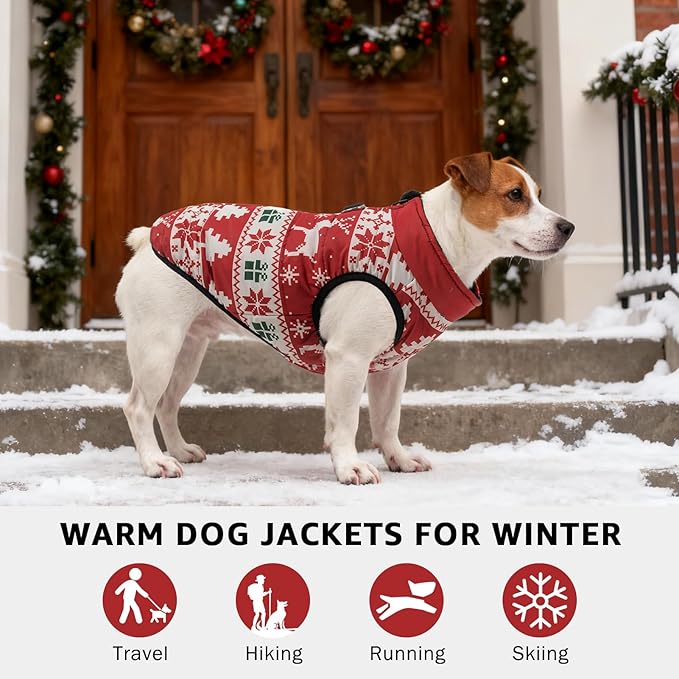 SCENEREAL Christmas Winter Dog Vest Coat with Harness Built in, Warm Puppy Jacket for Small Medium Dogs, Cold Weather Coat with Zipper, Fleece Puffer Vest Windproof Snow Clothes, L
