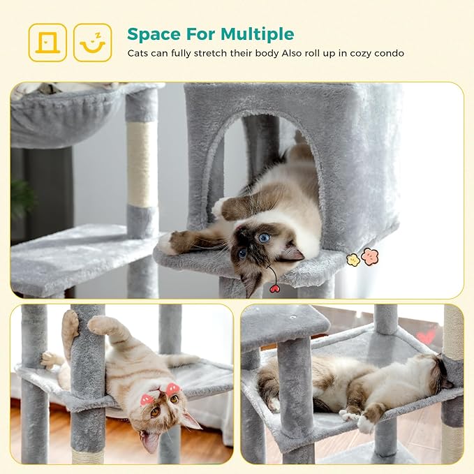 PAWZ Road Cat Tree, 56 Inches Tower Condo with Large Top Perch & Hammock, Cat Tower with Scratching Posts for Indoor Cats，Gray