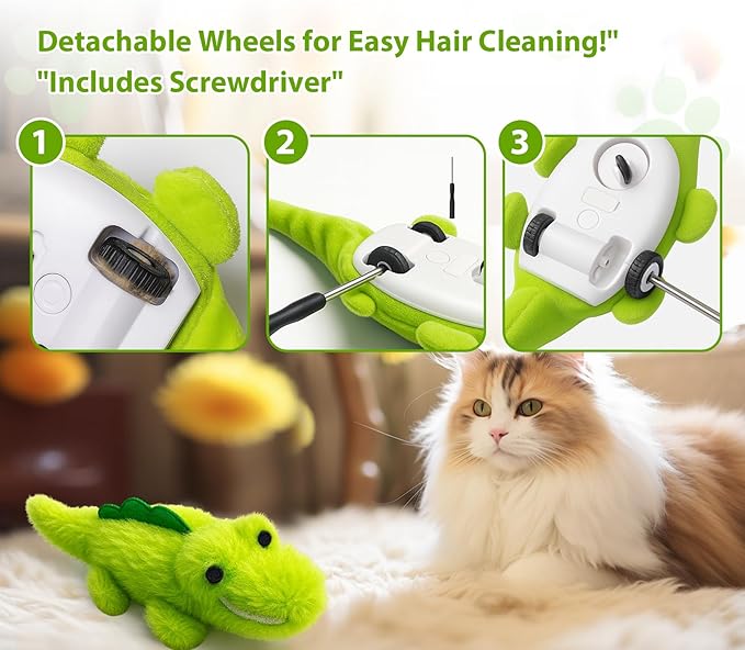 Interactive Cat Toys for Indoor Cats - Self-Charging Croc Chase Toy with 360° Motion, Wagging Tail & Catnip, Automatic Exercise Toy for Bored Kittens/Adults(Long Plush)